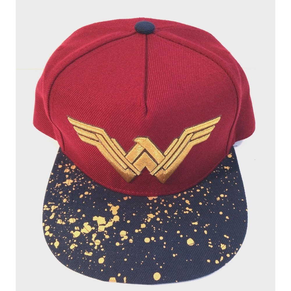 DC Wonder Woman Snapback Ball Cap Hat, Burgundy Paint Splatter Bill
